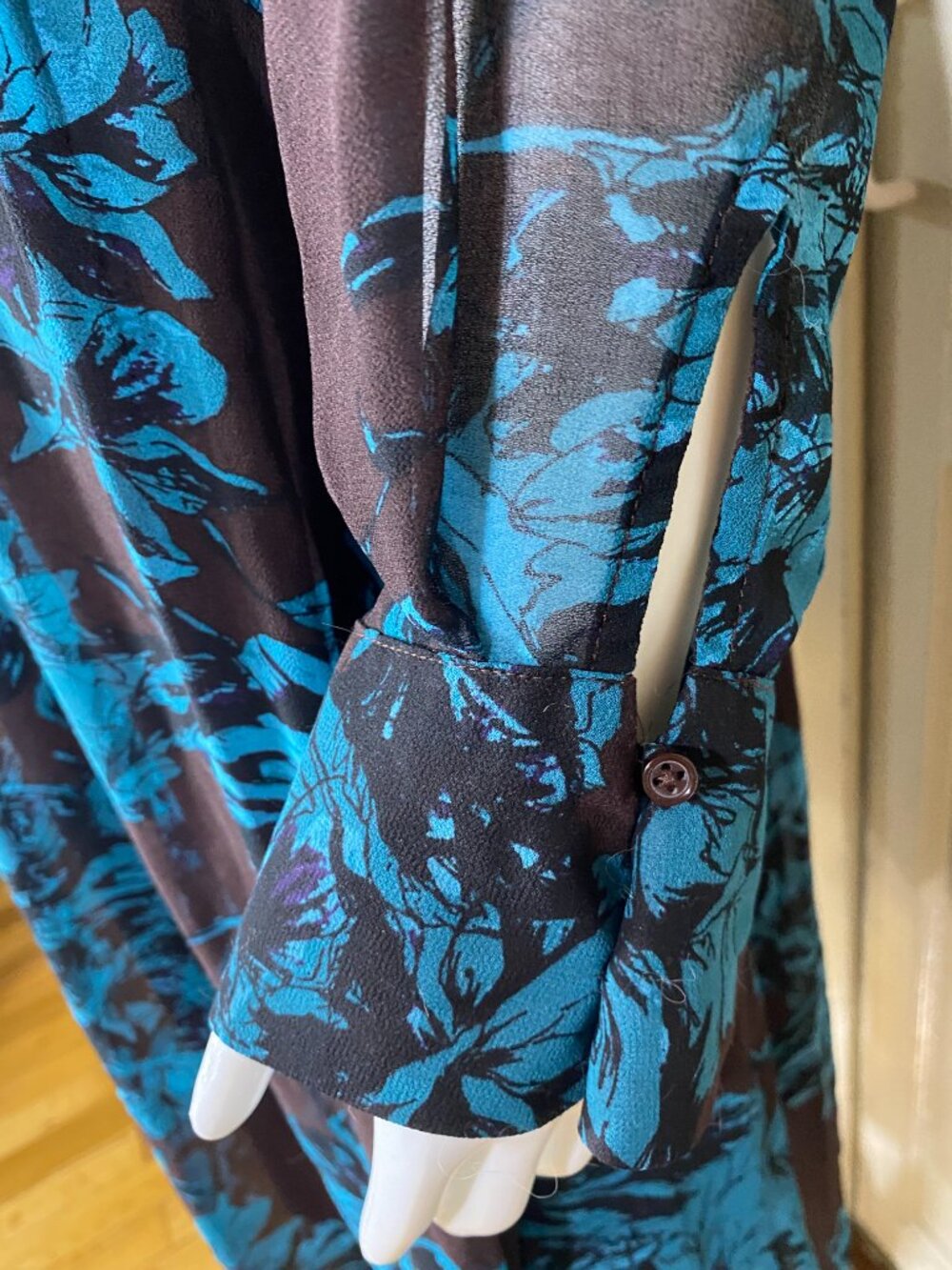 WHO WHAT WEAR Brown Blue Floral Fit Flare Midi Dress Long Sleeve Sheer Sz M Boho - Picture 6 of 10